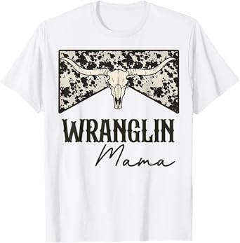 Wranglin Mama Retro Bull Skull Leopard Western Rodeo Country T-Shirt