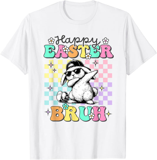 Easter Bunny Dabbing Bruh Groovy Checkered Groovy Kids Boys T-Shirt