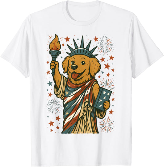 Statue of Liberty Golden Retrieve American Flag 4th of July T-Shirt