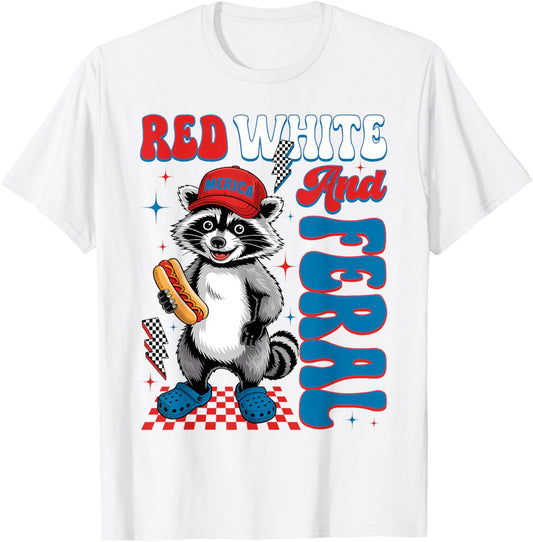 Funny Red White & Feral Raccoon Hotdog USA Flag 4th Of July T-Shirt