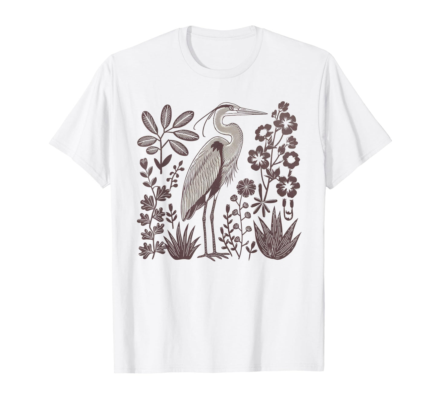 Heron Linocut Great Blue Heron Bird Lover Hippy Granola Girl T-Shirt