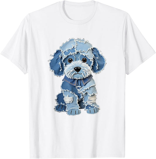 Retro Funny Denim Patch Animal Dog Print T-Shirt
