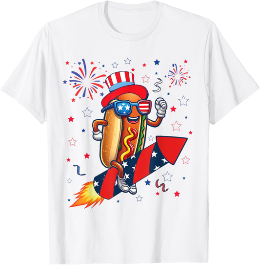 Hotdog 4th Of July Patriotic Rocket and Fireworks USA Flag T-Shirt