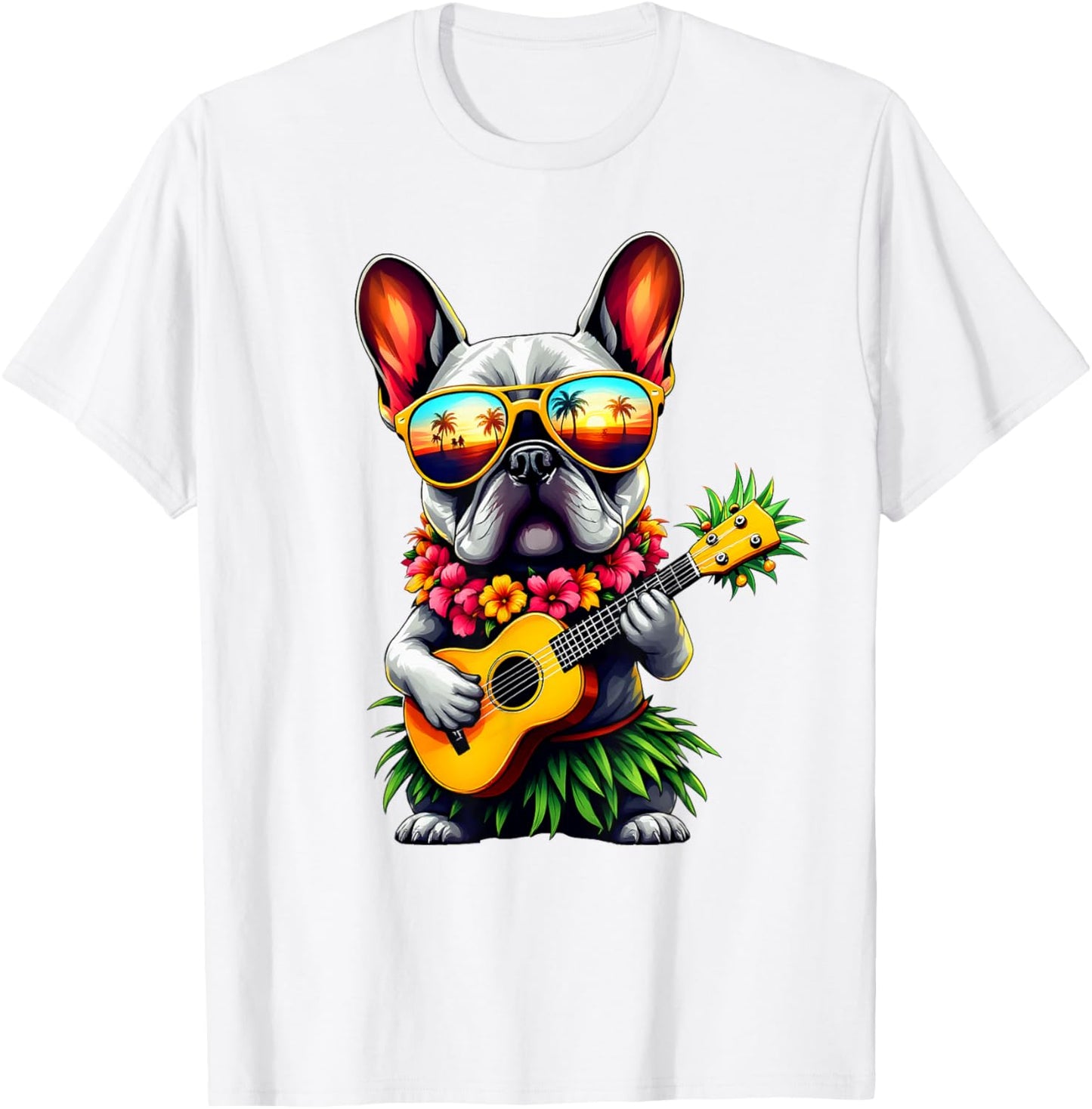 Hawaiian French Bulldog & Pineapple Ukulele Summer Vacation T-Shirt
