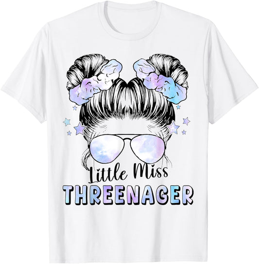 Messy Bun Tie Dye Little Miss Threenager 3rd Birthday Girls T-Shirt