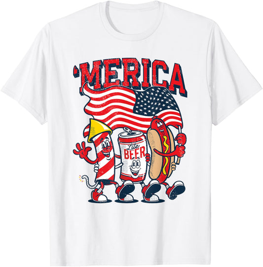 Funny Merica Hot Dogs Beer Fireworks 4th of July T-shirt
