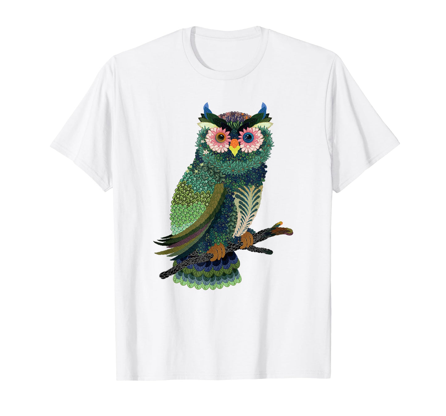 Owl T-Shirt Floral Folk Art Asian Design Visual Graphic Tee T-Shirt