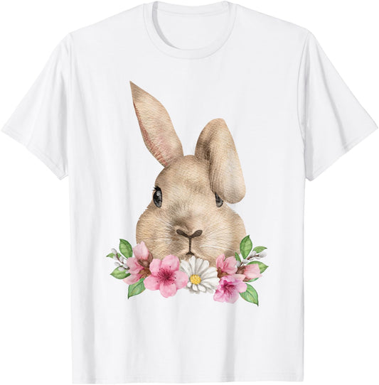 Bunny Head with Flowers Watercolor Easter Rabbit T-Shirt