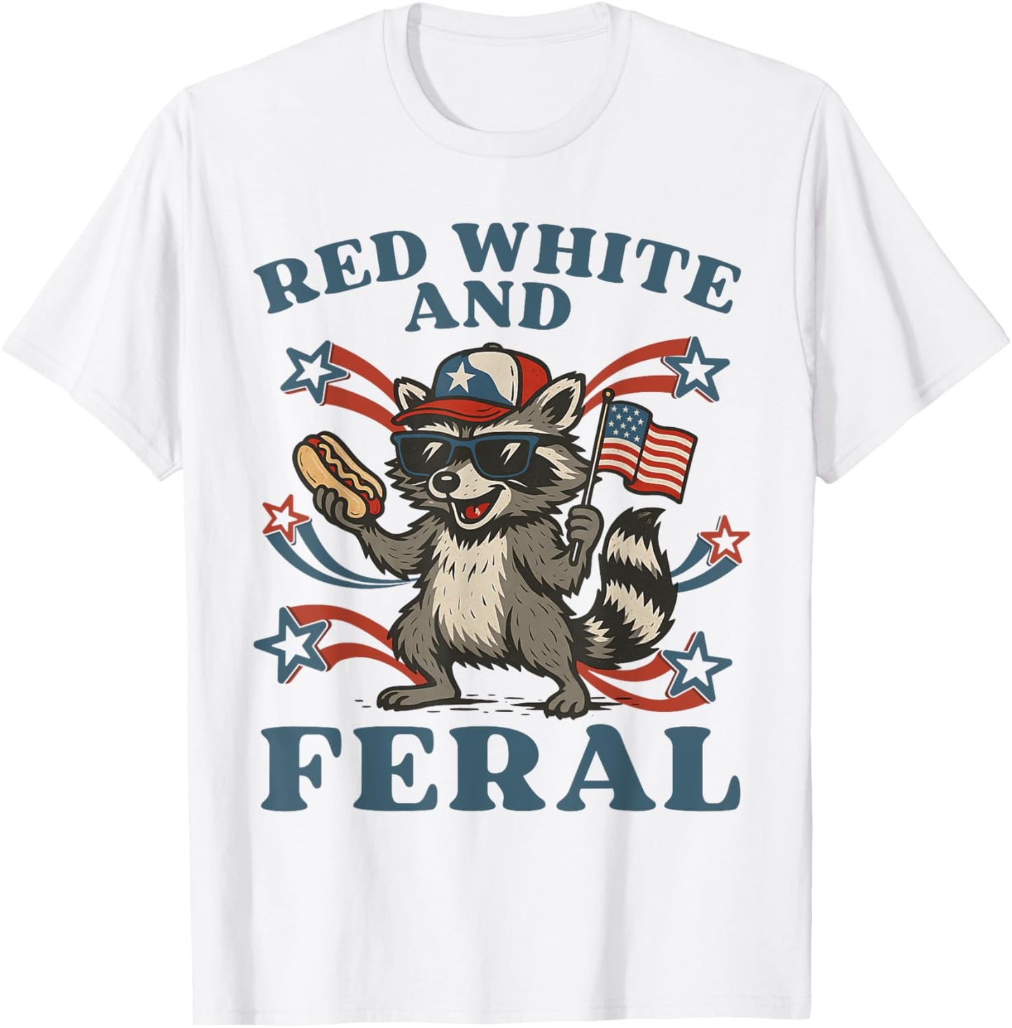 Funny Red White And Feral Raccoon 4th Of July Hot Dog Kids T-Shirt
