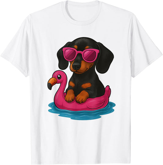 Cute Dachshund Dog Summer Vibes on Flamingo Float For Women T-Shirt
