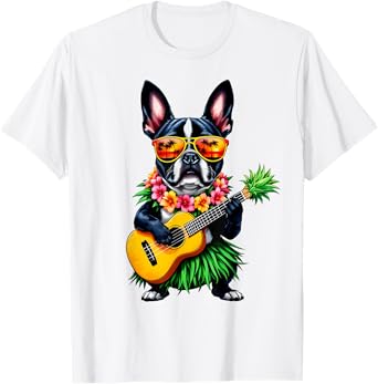 Hawaiian Boston Terrier & Pineapple Ukulele Summer Vacation T-Shirt