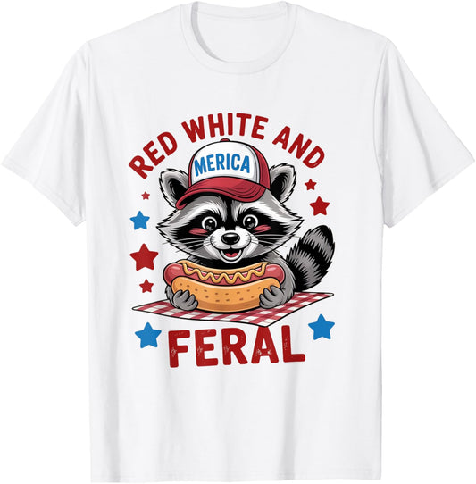 Red White And Feral Funny Raccoon And Hotdog 4th Of July T-Shirt