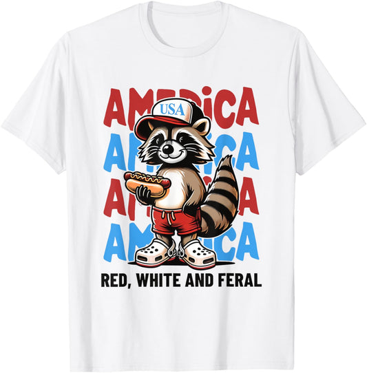 Funny Raccoon Red White and Feral Retro Feral 4th of July T-Shirt