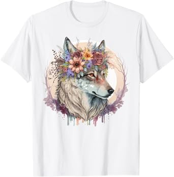 Cute Wolf Flower Crown Boho Aesthetic Animal Lovers T-Shirt