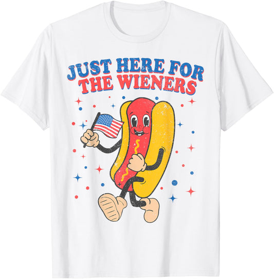 Retro Just Here For The Wieners 4th of July Funny Hot Dog T-Shirt