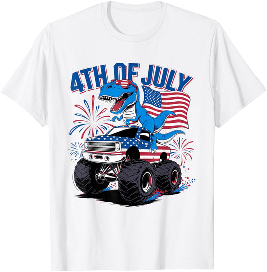 Dinosaur 4th Of July T Rex Dinosaur Monster Truck Dino T-Shirt