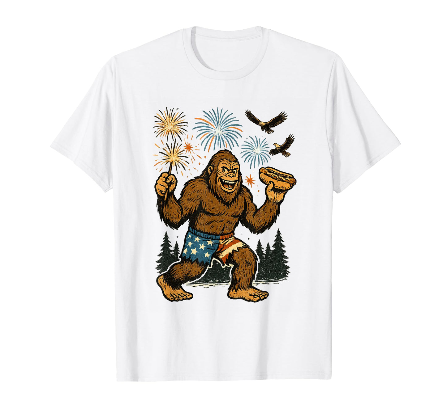 Bigfoot Fireworks 4th of July Men Sasquatch American US Flag T-Shirt