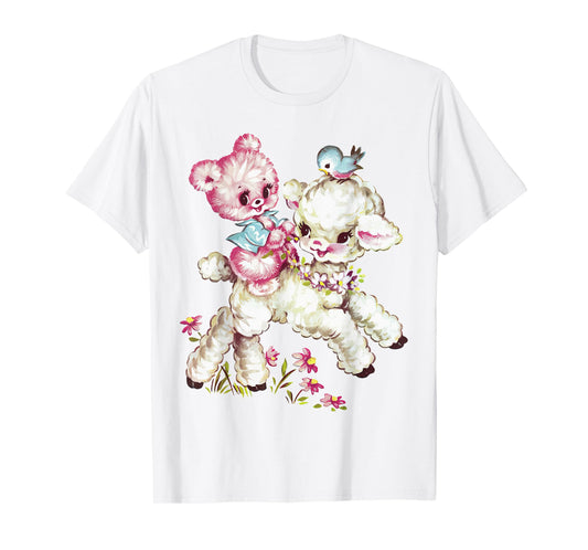 Vintage Easter Cute Lamb Bear Spring Flowers Retro Vintage T-Shirt