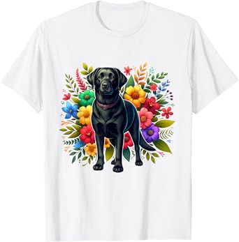 Cute Labrador Retriever Lover Black Lab in Colorful flowers T-Shirt