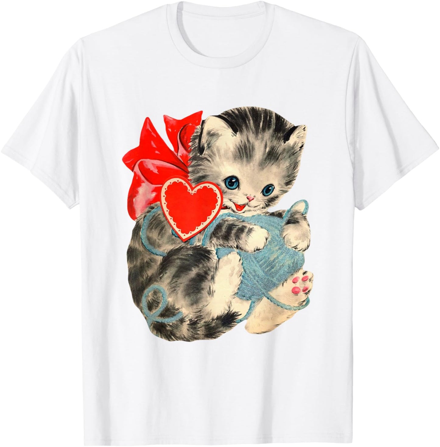 Unisex Adult Kids Blue Animal Print Retro Valentine Cat T-Shirt