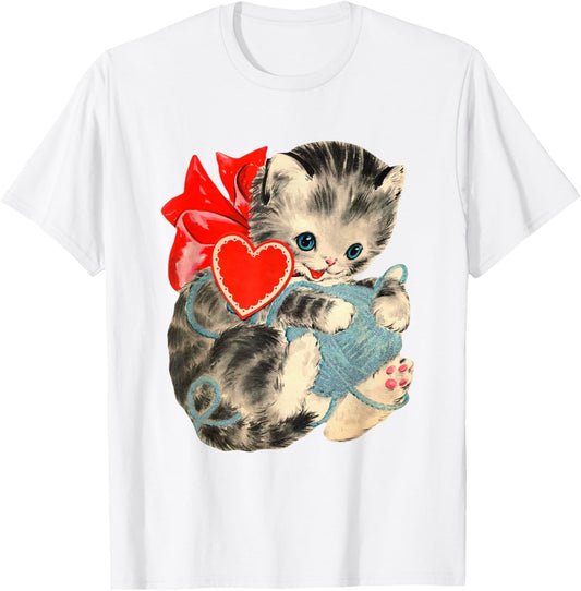 Unisex Adult Kids Blue Animal Print Retro Valentine Cat T-Shirt