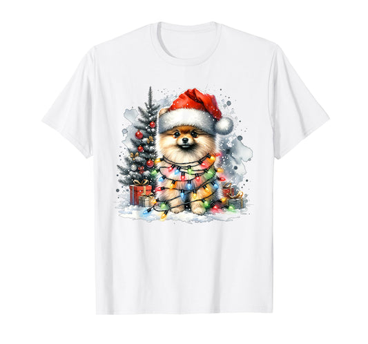 Funny Cute Santa Pomeranian Dog Tangled In Christmas Lights T-Shirt