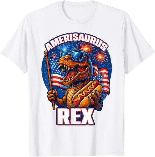 Funny Amerisaurus Rex T Rex & Hotdog USA Flag 4th Of July T-Shirt
