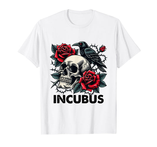 Retro Halloween Graphic Incubus-Crow Left Skull And Flower T-Shirt