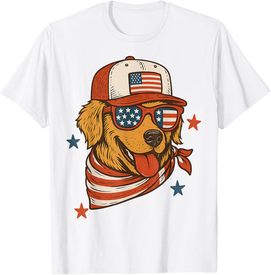 Patriotic Dog Golden Retriever USA Sunglasses 4th of July T-Shirt