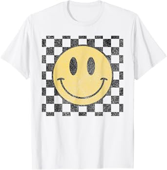 Retro Happy Face Checkered Pattern Smile Face Trendy T-Shirt