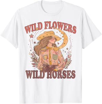Floral Cowgirl Riding Horse Wild Flowers Wild Horses T-Shirt