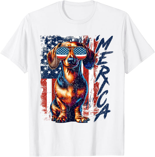 'Merica Dachshund Dog Breed USA Flag Sunglasses Patriotic T-Shirt