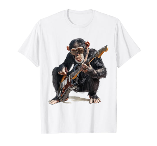chimpanzee dressed as guitarist with guitar monkey rocker T-Shirt