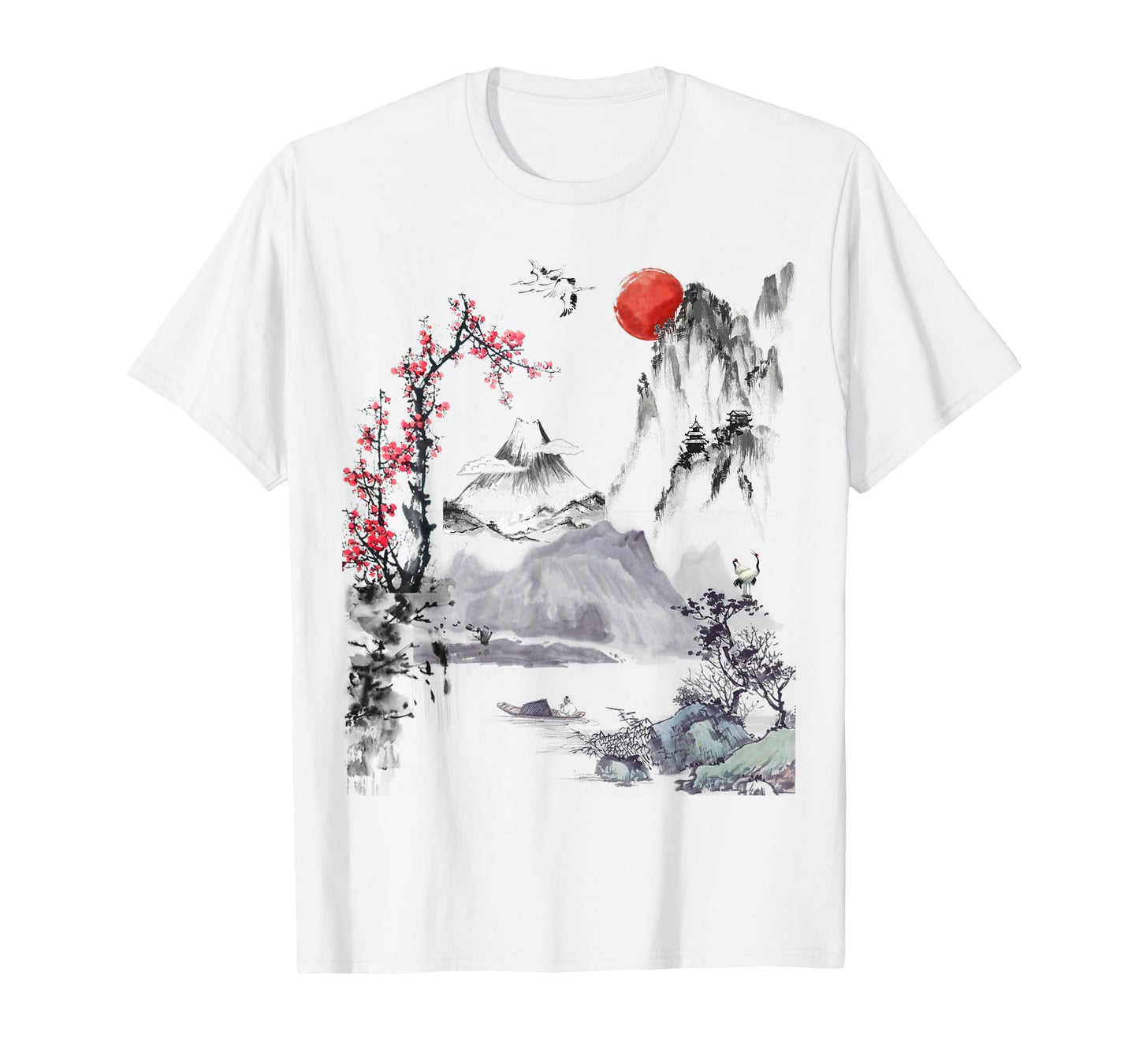 Japanese Art Tree Red Moon With Birds Flying in Background T-Shirt