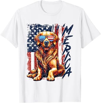 'Merica Golden Retriever Dogs American Flag Patriotic Proud T-Shirt