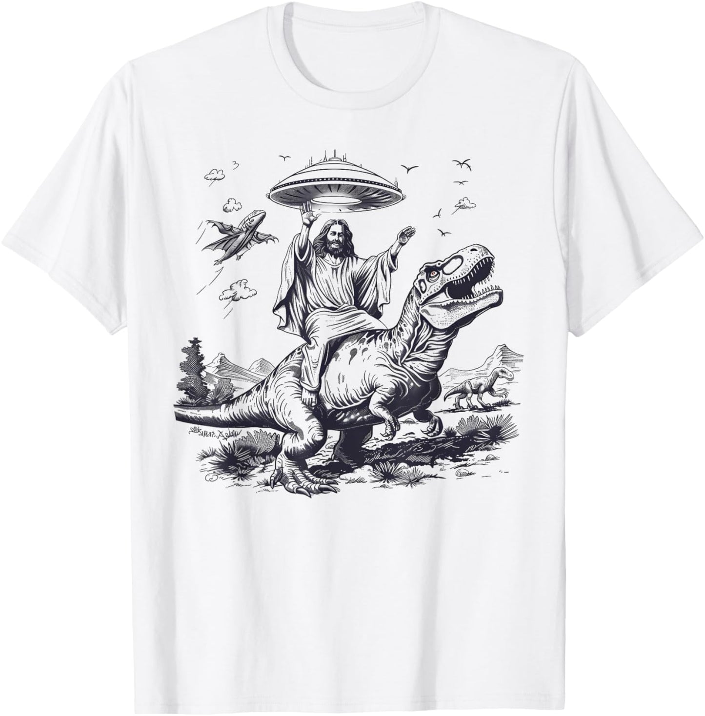 Dinosaur Jesus Riding T Rex Alien Spaceship UFO Christian T-Shirt