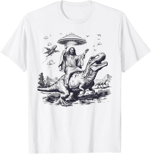 Dinosaur Jesus Riding T Rex Alien Spaceship UFO Christian T-Shirt