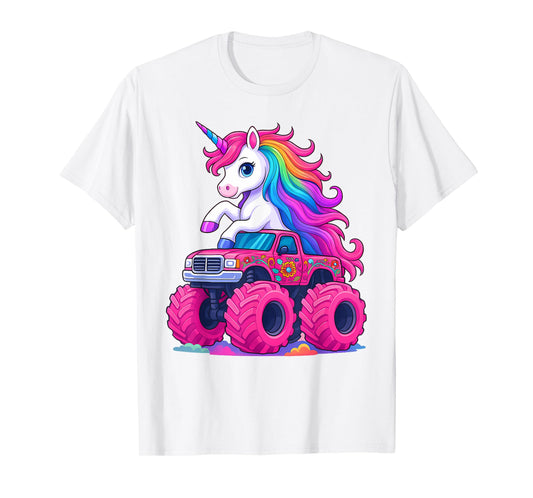 Cute Unicorn Riding A Pink Monster Truck Lover Birthday Kids T-Shirt