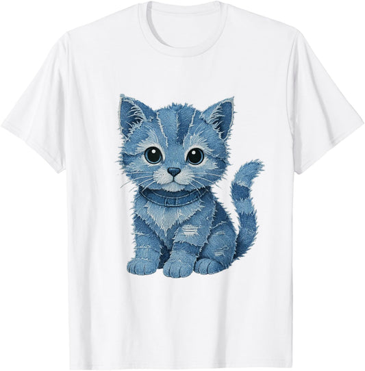 Cat pattern denim patchwork Funny Tee T-Shirt