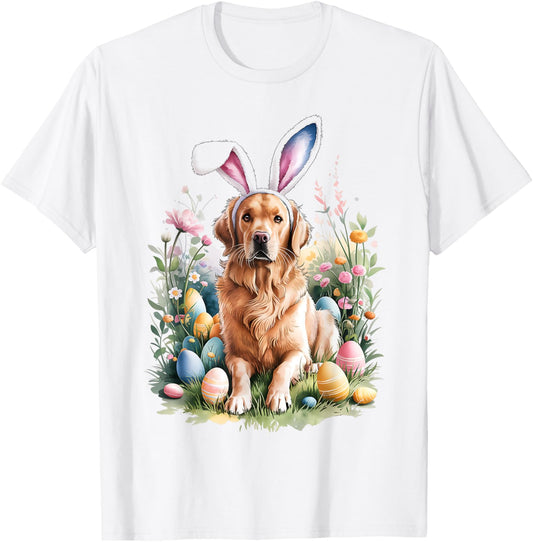 Golden Retriever Dog Bunny Ears Easter Eggs Spring Flowers T-Shirt