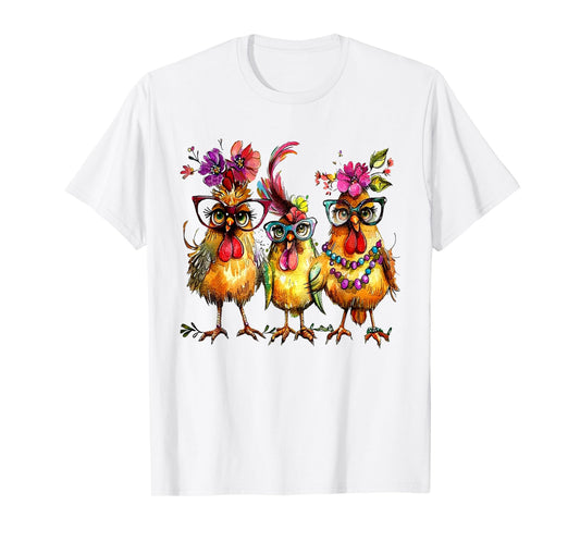 PeachBruh Funny Trio Of Chickens Whimsical Hawaii Beach Art T-Shirt