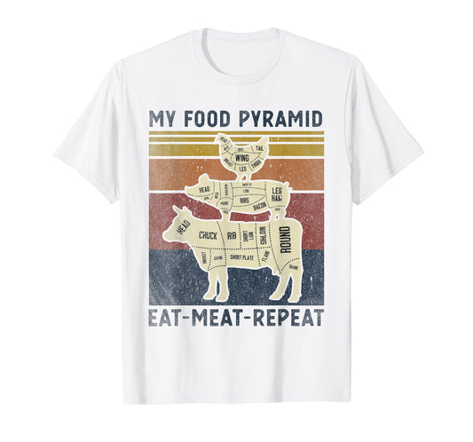 My Food Pyramid Eat Meat Repeat Retro Vintage Funny BBQ Joke T-Shirt