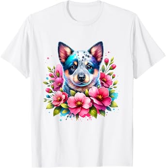 Watercolor Blue Heeler Mom Pink Flower Australian Cattle Dog T-Shirt