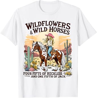 Wild Flowers & Wild Horses Retro Southern Sunset Cowgirls T-Shirt