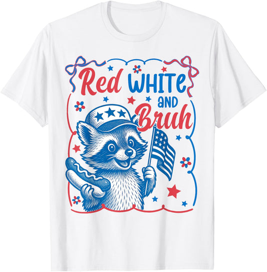 Red White and Bruh Raccoon Funny USA 4th of July Boys Girls T-Shirt