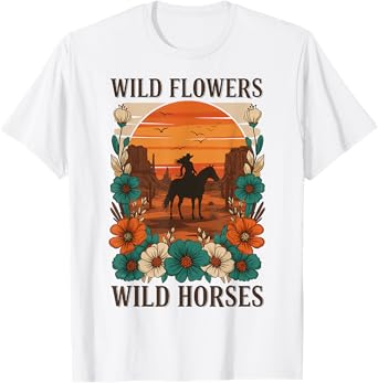 Retro Wild Flowers Wild Horses Southern Sunset Cowgirl T-Shirt