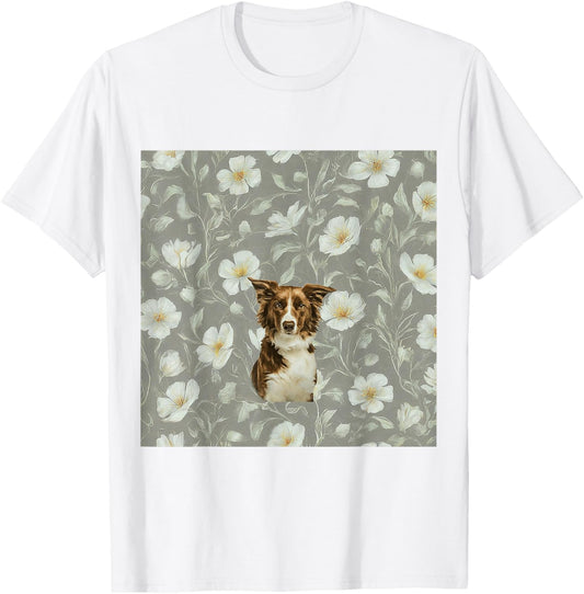 Brown Border Collie White Vintage Flower Watercolor T-Shirt