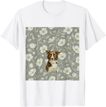 Brown Border Collie White Vintage Flower Watercolor T-Shirt