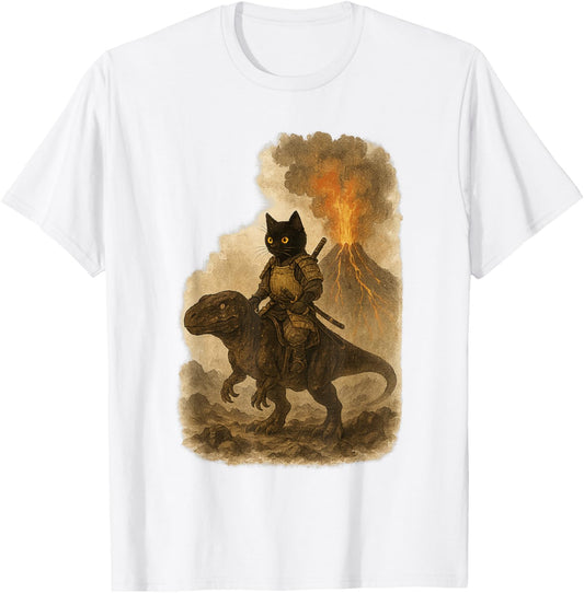 Retro Cat Dinosaur Volcanic Eruption Art Design T-Shirt