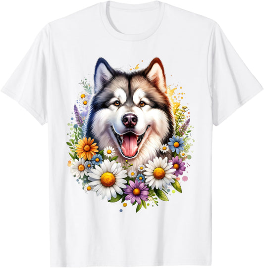 Alaskan Malamute Dog Summer Daisy Wildflowers Artwork T-Shirt